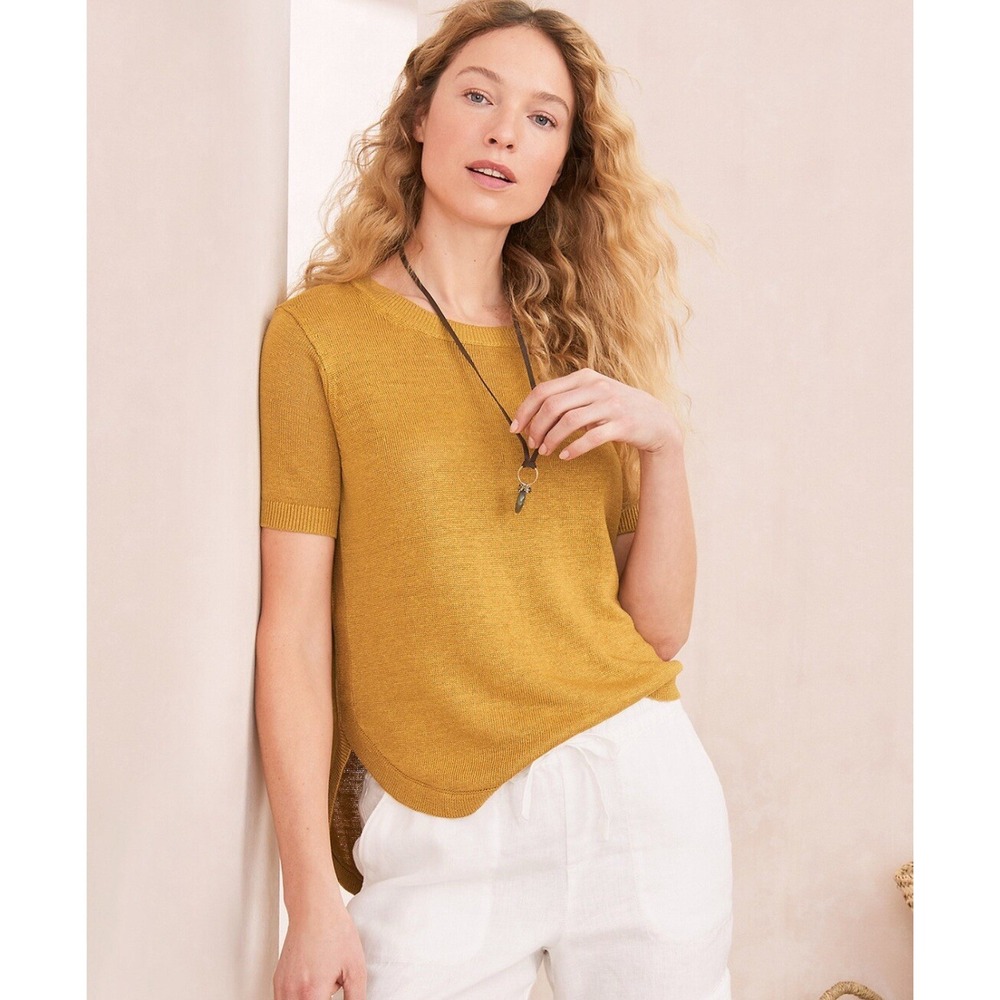 Garnet Hill Haiku Linen Boxy Sweater Shirttail Hem Short Sleeve Yellow Women's S